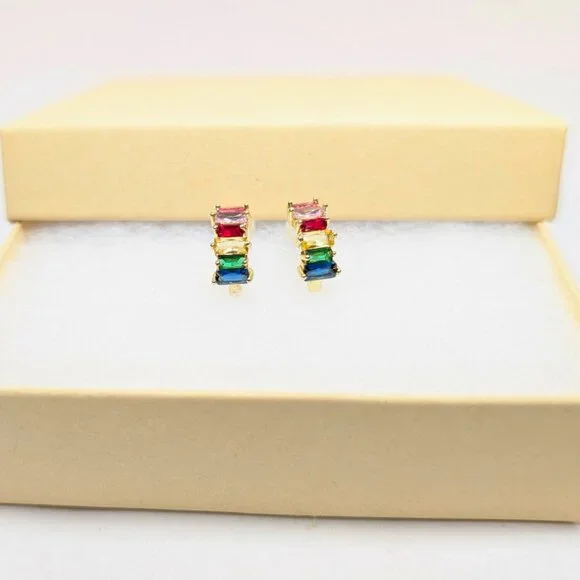 Golden Rainbow Rhinestone Gem Multicolor CZ Gold Plated Small Earrings - Picture 2 of 8